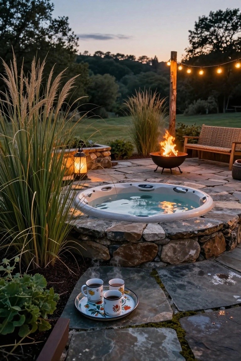 Stone flagstone patio with a circular hot tub embedded in a low stone wall, a burning fire pit, wicker bench, tall ornamental grasses, string lights on a wooden post, hanging lantern, potted plants, and a tray of teacups nearby, surrounded by greenery at dusk.