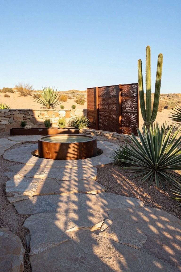 Circular rusted metal hot tub containing water centered in a curved flagstone path patio, surrounded by agave plants, cacti, stone walls, rusted metal planters and a tall perforated rusted metal screen fence in a desert landscape.