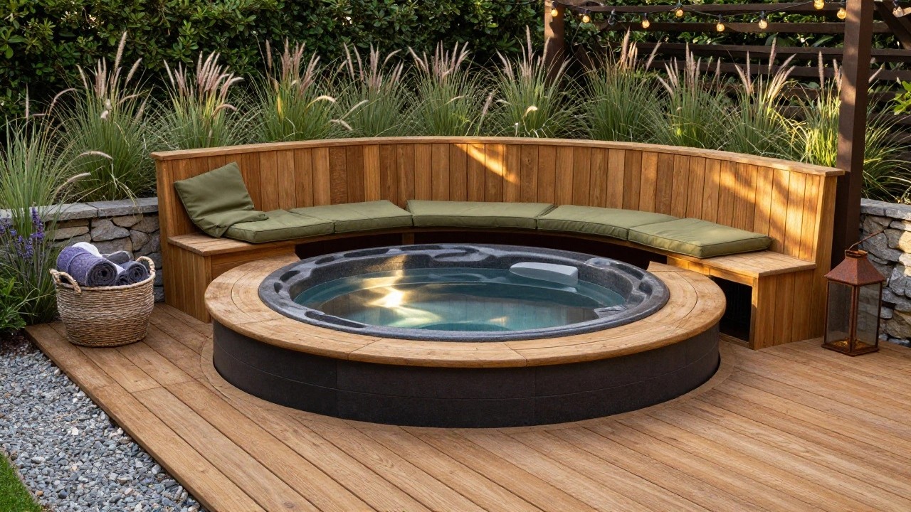 Wooden hot tub on a deck with curved built-in bench seating featuring green cushions, stone wall backdrop with plants and towel basket, wooden pergola overhead with string lights.