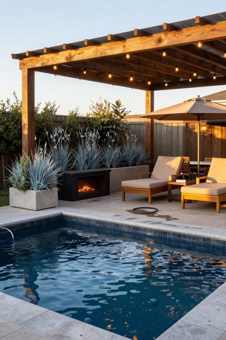 Wooden pergola with string lights over a patio featuring a linear black gas fire pit, potted blue agave plants, teak lounge chairs with cushions, and a small rectangular blue-tiled plunge pool.