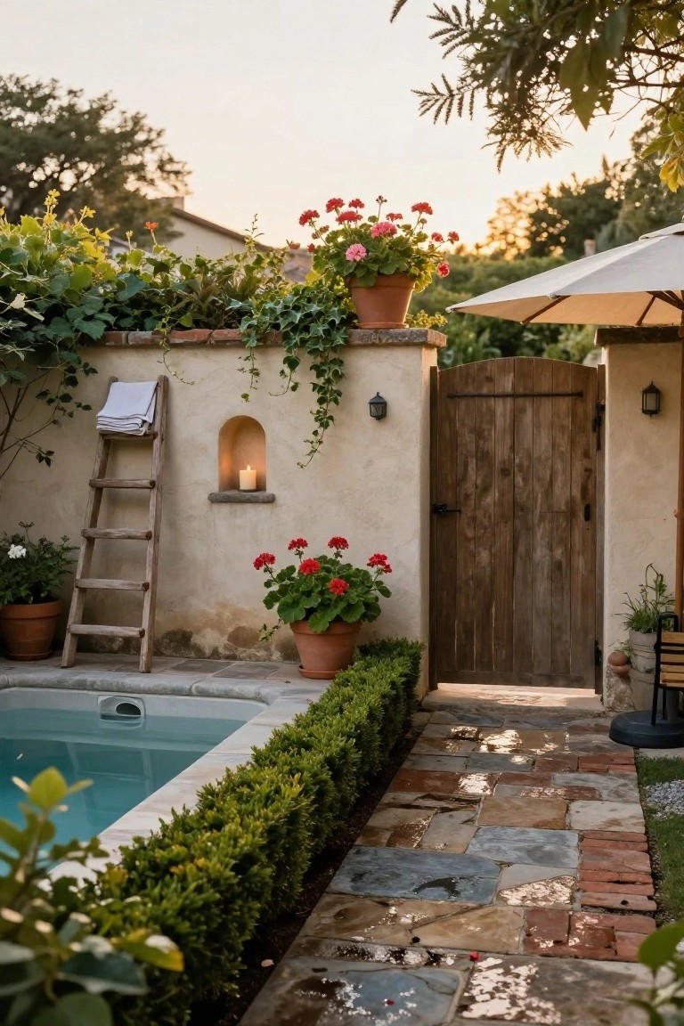 Small turquoise pool beside a stucco wall with wooden ladder and draped towels in a courtyard featuring climbing ivy, potted red geraniums, boxwood hedges, stone path, and open wooden arched gate.