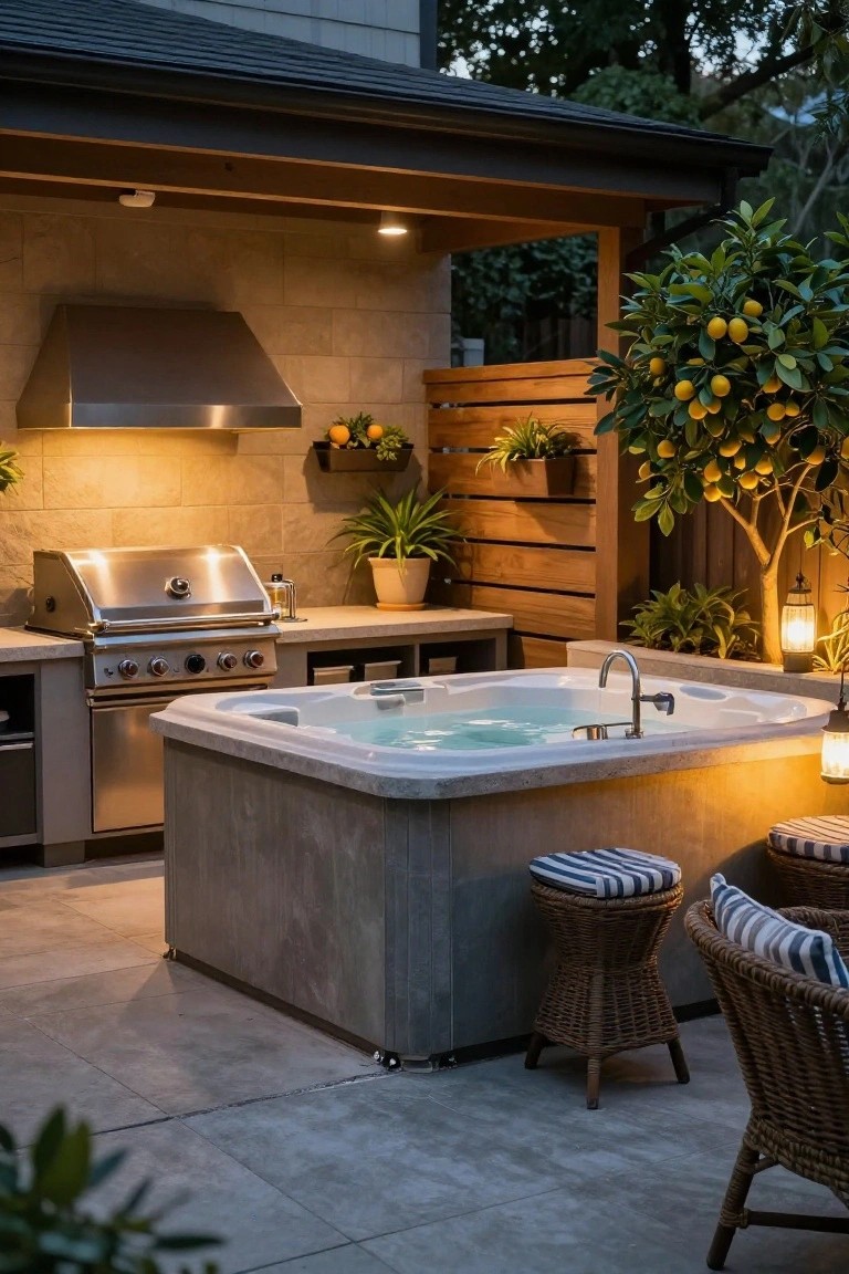 Outdoor covered patio with built-in rectangular hot tub next to stainless steel gas grill, wooden stools, potted plants, lemon tree, and lanterns under pergola roof.