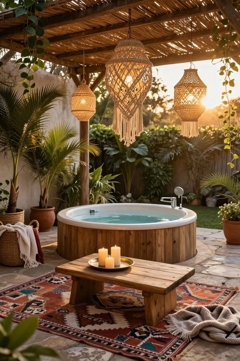 Wooden hot tub on a stone patio under a thatched pergola with hanging rattan and macrame lanterns, surrounded by potted tropical plants, a low wooden table with candles, woven rugs, and blankets.