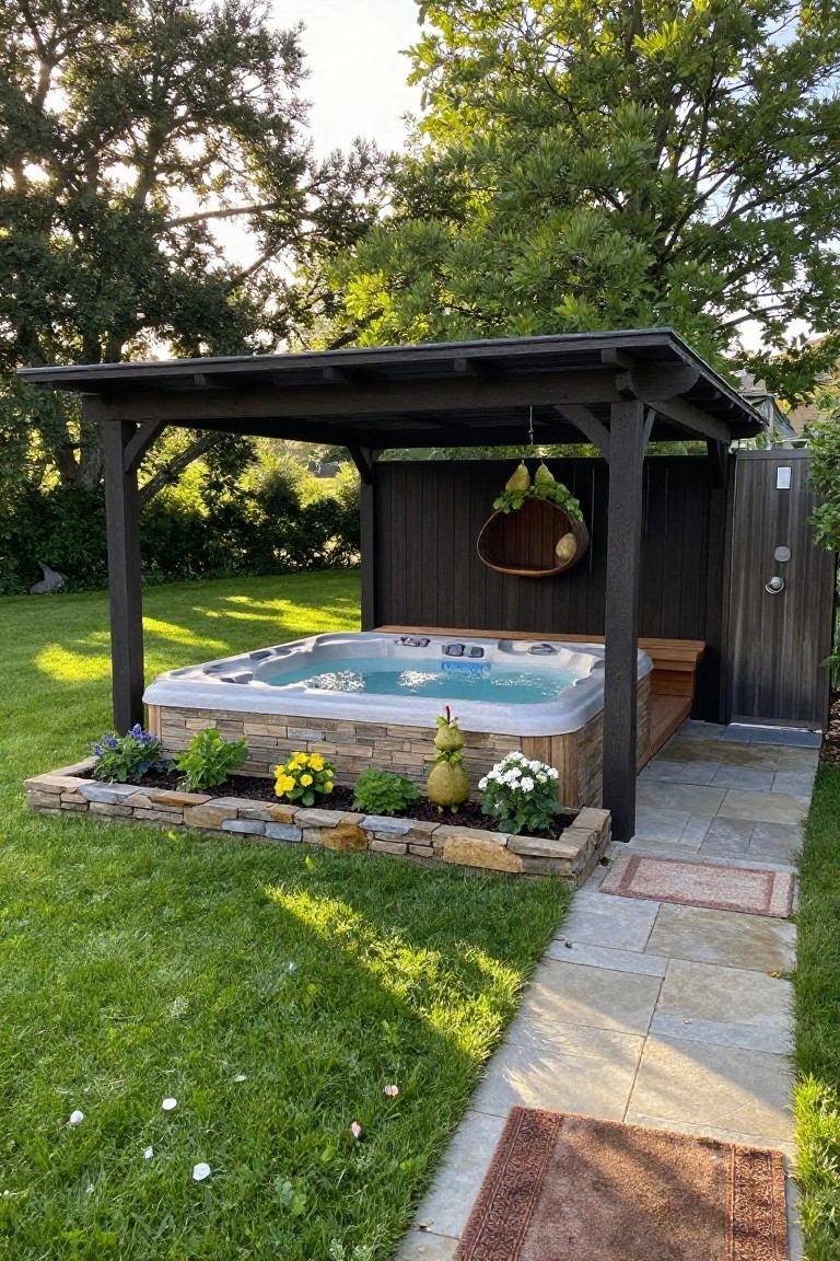 Wooden pavilion covering a bubbling hot tub with stone skirt base surrounded by flower beds, adjacent to a stone pathway and green lawn in a backyard.