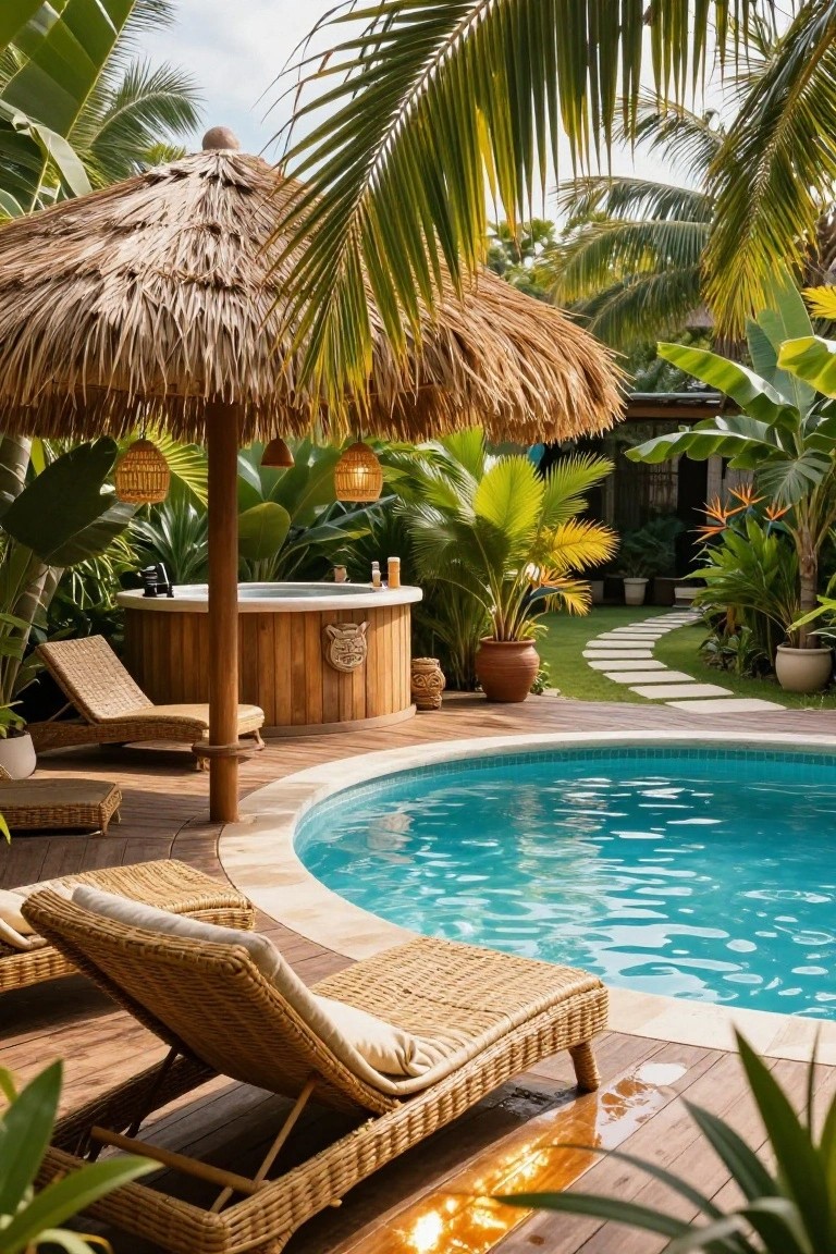 Wooden hot tub with carved tiki face under large thatched umbrella next to turquoise pool on wooden deck with rattan loungers and tropical plants.