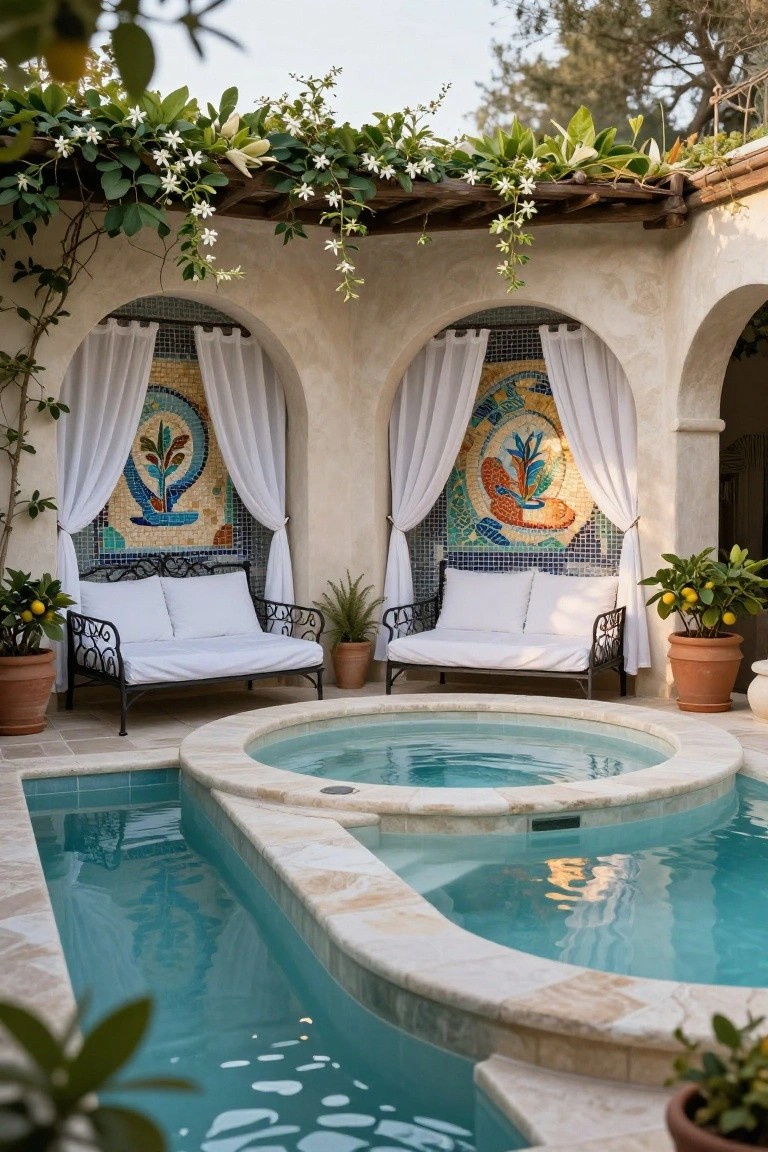 Round turquoise hot tub adjacent to a narrow pool on a stone patio, flanked by two white-cushioned wrought-iron daybeds in arched stucco alcoves with colorful mosaic tile murals and sheer white curtains, potted plants and greenery around.