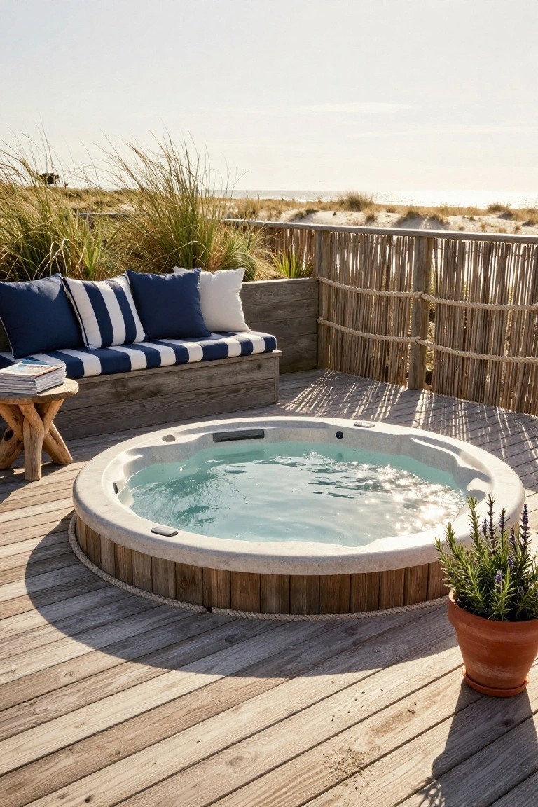 Round hot tub on a wooden deck surrounded by tall beach grasses, reed fencing, blue and white striped cushions on a bench, wooden stool with book, potted plants, and sand dunes in the background.