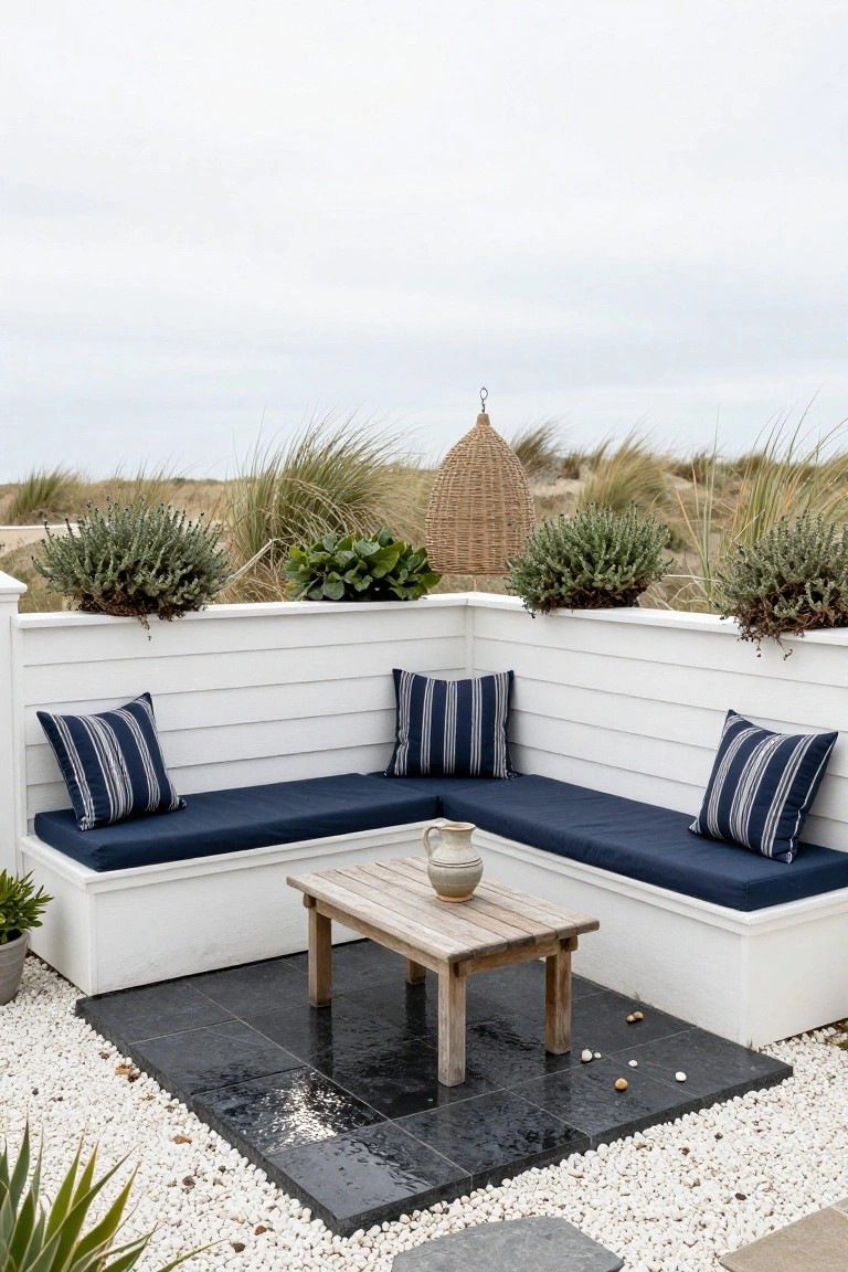 White shiplap L-shaped outdoor bench with navy striped cushions and pillows around a low driftwood table on a black tiled patio edged with pebbles and surrounded by dune grasses and potted plants.