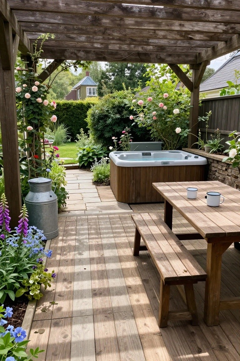 Wooden pergola-covered deck with brown hot tub against stone wall, wooden table and benches with white mugs, metal milk churn planter, and surrounding garden beds with pink roses, blue delphiniums, and green shrubs.