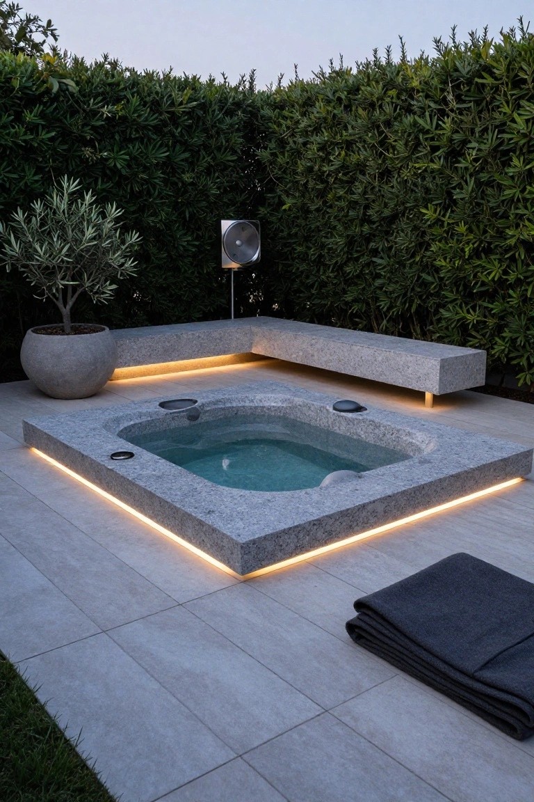 Square hot tub recessed into a gray granite platform with yellow LED strip lighting along the edges, adjacent stone bench, potted olive tree, green hedges for privacy, folded gray towels on tiled patio, and dusk sky.