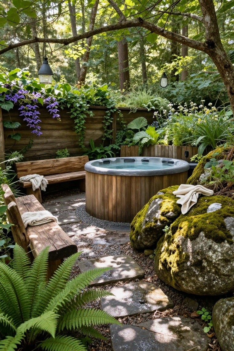 Wooden hot tub in a lush garden enclosure with curved wooden benches on either side draped with white towels, moss-covered boulders, ferns, climbing vines on a fence, and hanging lanterns overhead.