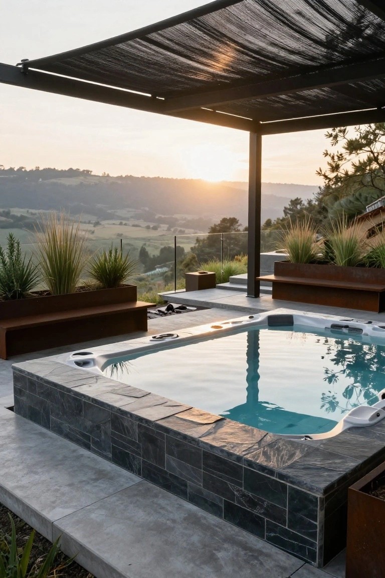 Outdoor hot tub set into a dark stone platform flanked by long corten steel benches and rectangular planters filled with tall grasses and plants, under a black metal pergola with draped shade fabric and distant hillside view at sunset.