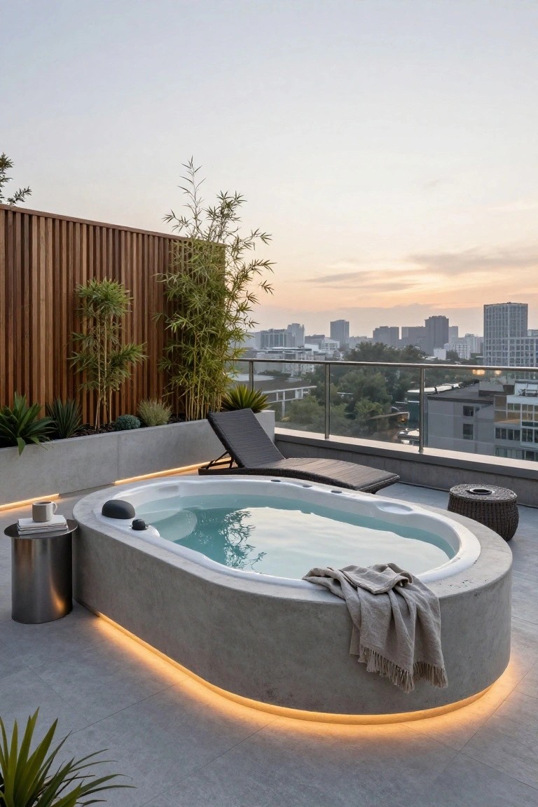 Rooftop terrace with oval concrete hot tub filled with turquoise water and edge lighting, surrounded by slatted wooden privacy fence, bamboo plants, lounge chair, side tables, and city skyline at sunset.