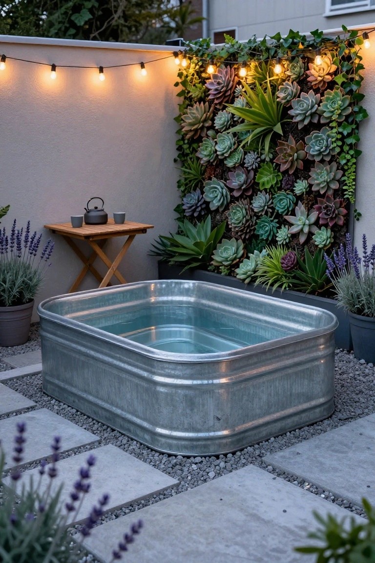 Galvanized stock tank filled with water as an outdoor hot tub in a paved backyard corner, against a wall covered in succulents and ivy, with string lights overhead, potted lavender plants, and a small table holding a teapot and cups.