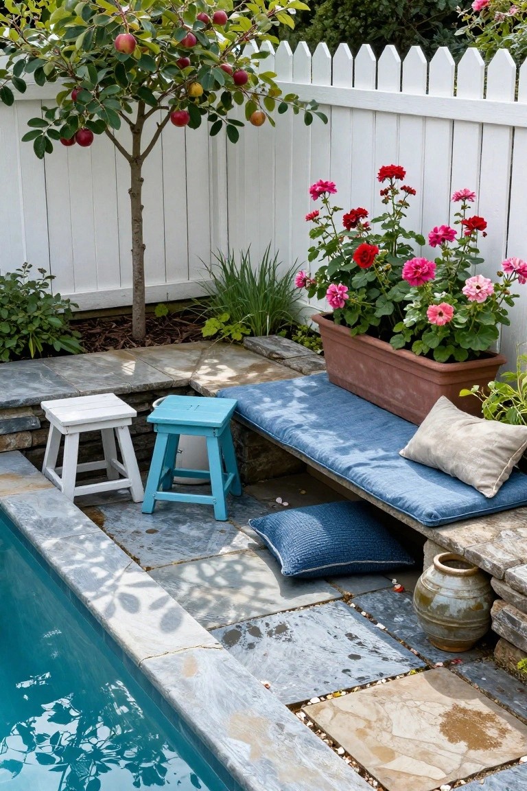 Pool deck with blue cushioned bench on stone platform, white and turquoise stools, potted red geraniums, small apple tree, white picket fence, and turquoise swimming pool edge.