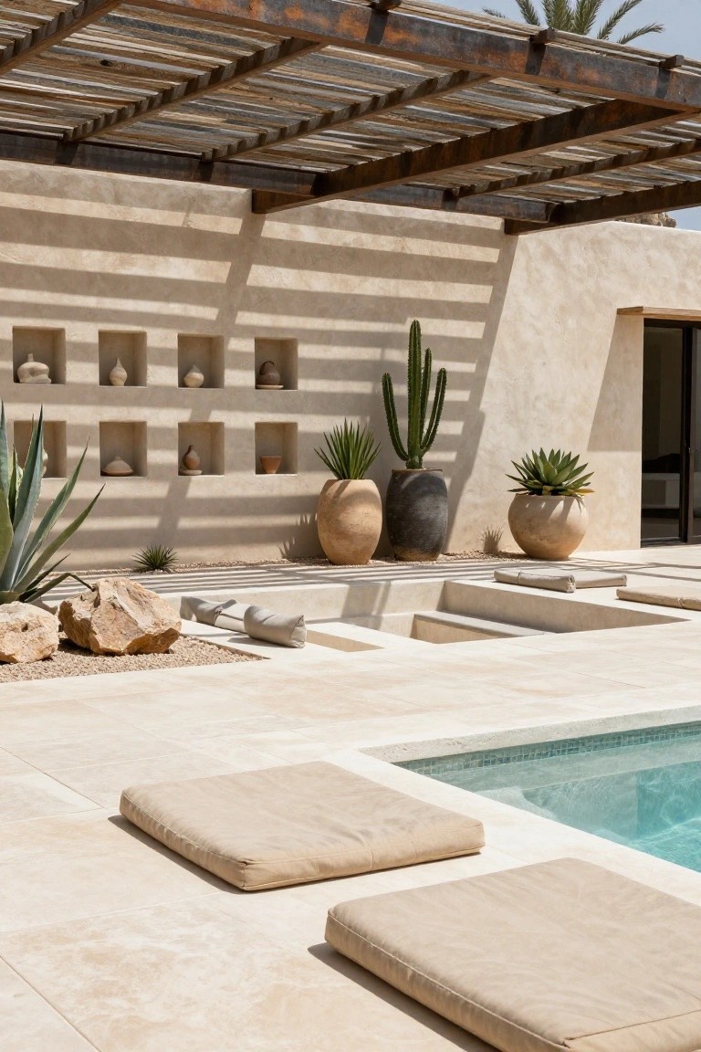 Light beige floor cushions on a travertine pool deck next to turquoise pool water, with surrounding beige adobe walls featuring plant niches, large terracotta pots with succulents and cacti, rocks, gravel, and a wooden pergola overhead.