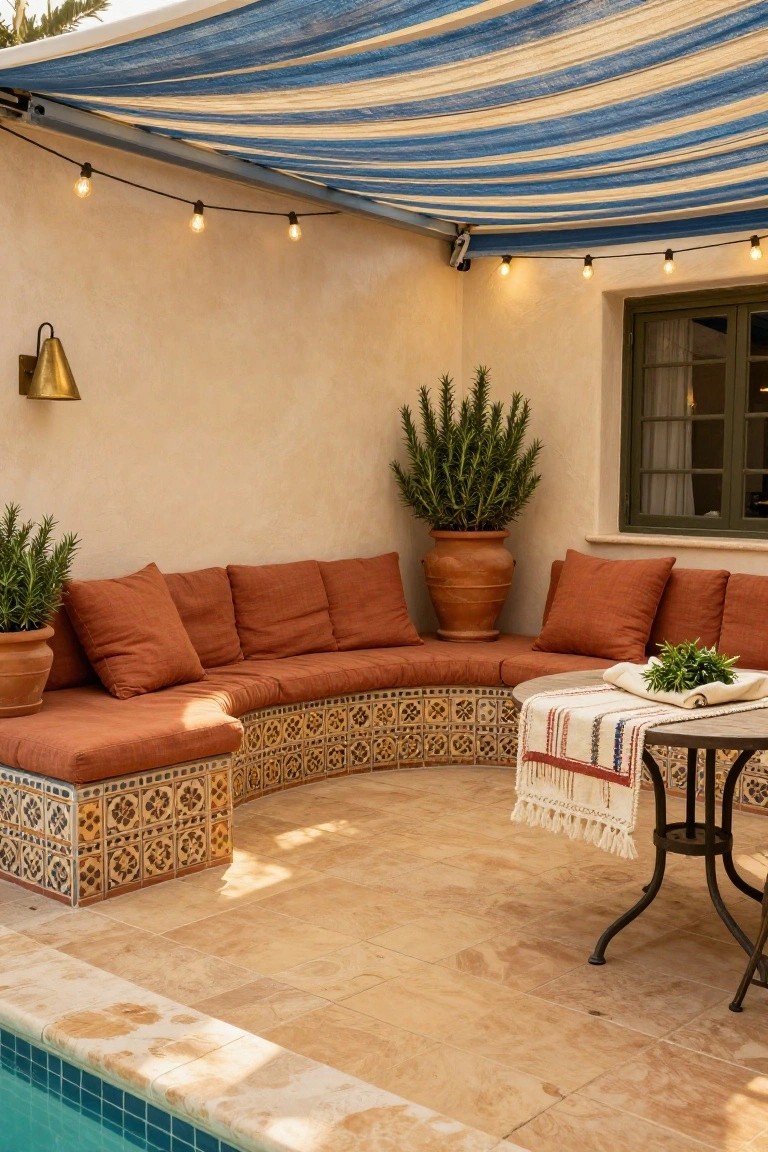 Curved built-in bench with rust-colored cushions and blue-and-white geometric tile base on a beige pool deck, under a striped fabric canopy with string lights, next to potted rosemary plants and a small round table with herbs, adjacent to a blue pool.