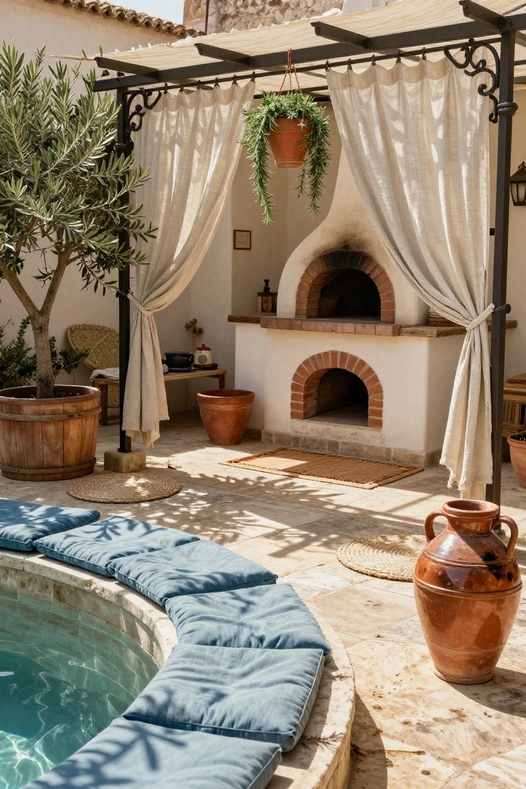 Outdoor pool deck with curved low stone benches topped by blue cushions, brick wood-fired oven, olive tree in wooden barrel, terracotta pots, and metal pergola with white curtains and hanging plants.