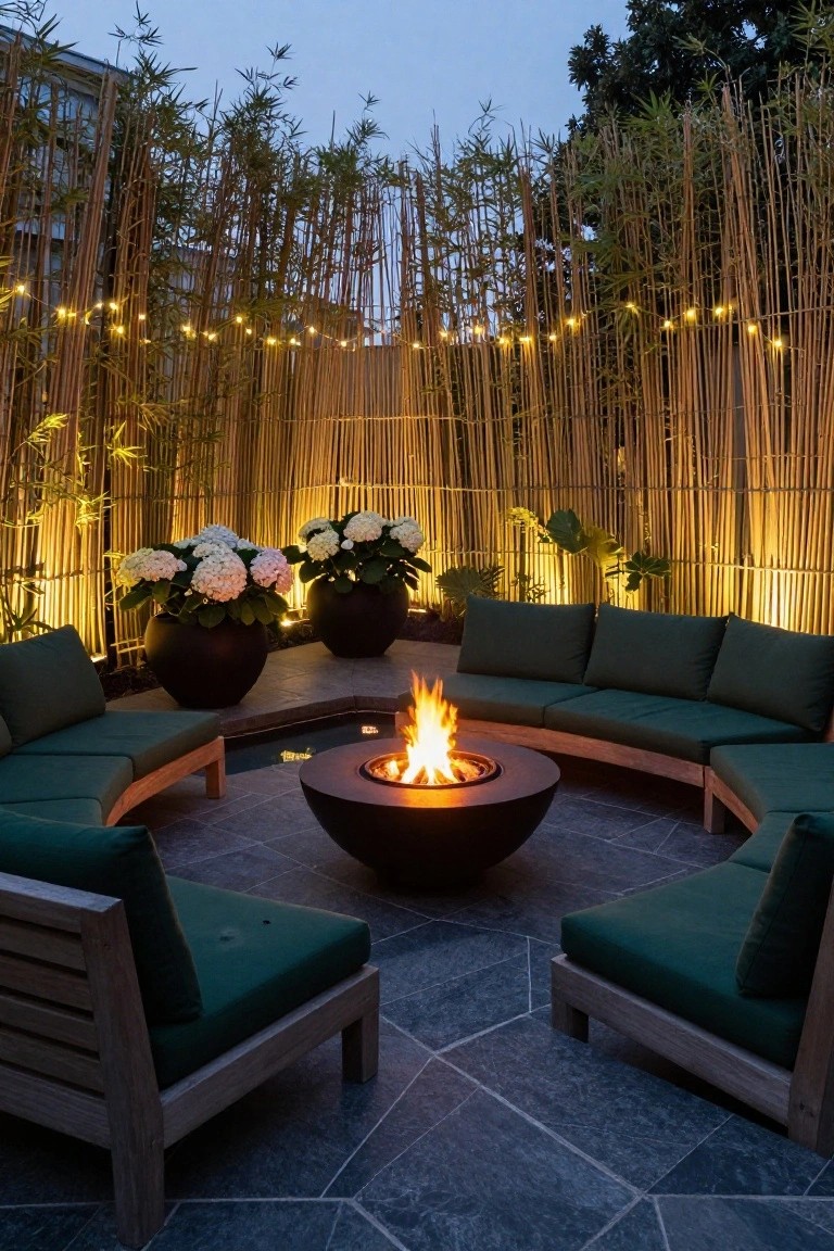 Curved green outdoor benches with cushions surround a black bowl fire pit on a slate tile patio, backed by bamboo fencing with string lights and potted white hydrangeas and large leaves at dusk.