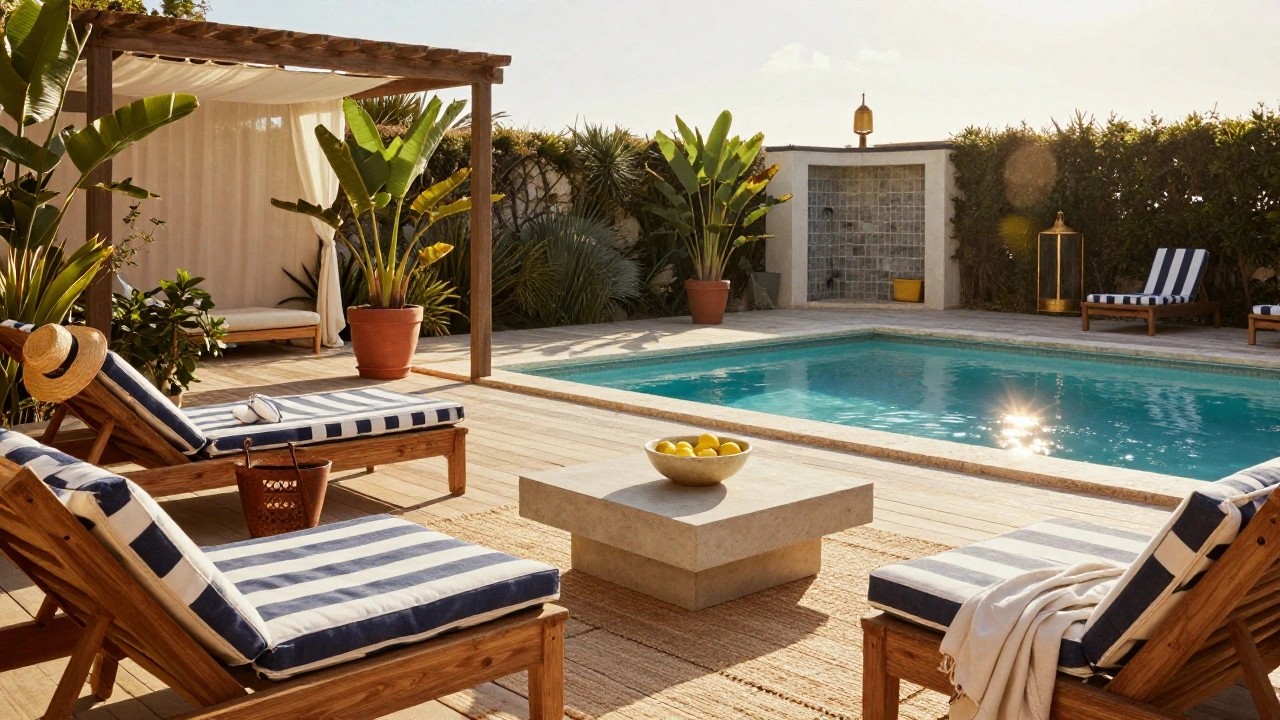 White outdoor sofas with navy striped pillows and a straw hat on a beige stone pool deck next to a turquoise pool, stone coffee table with lemons, potted plants, palm trees, and white outdoor shower structure.