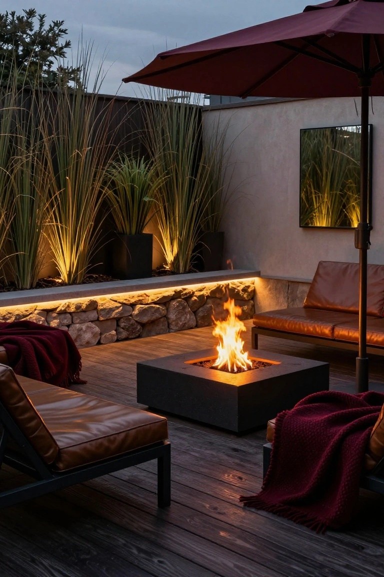 Wooden deck at dusk with central square black fire pit burning, two black metal lounge chairs with tan leather cushions and red blankets, tall potted grasses, stone wall with LED strip lighting, red umbrella, and large mirror reflecting plants.