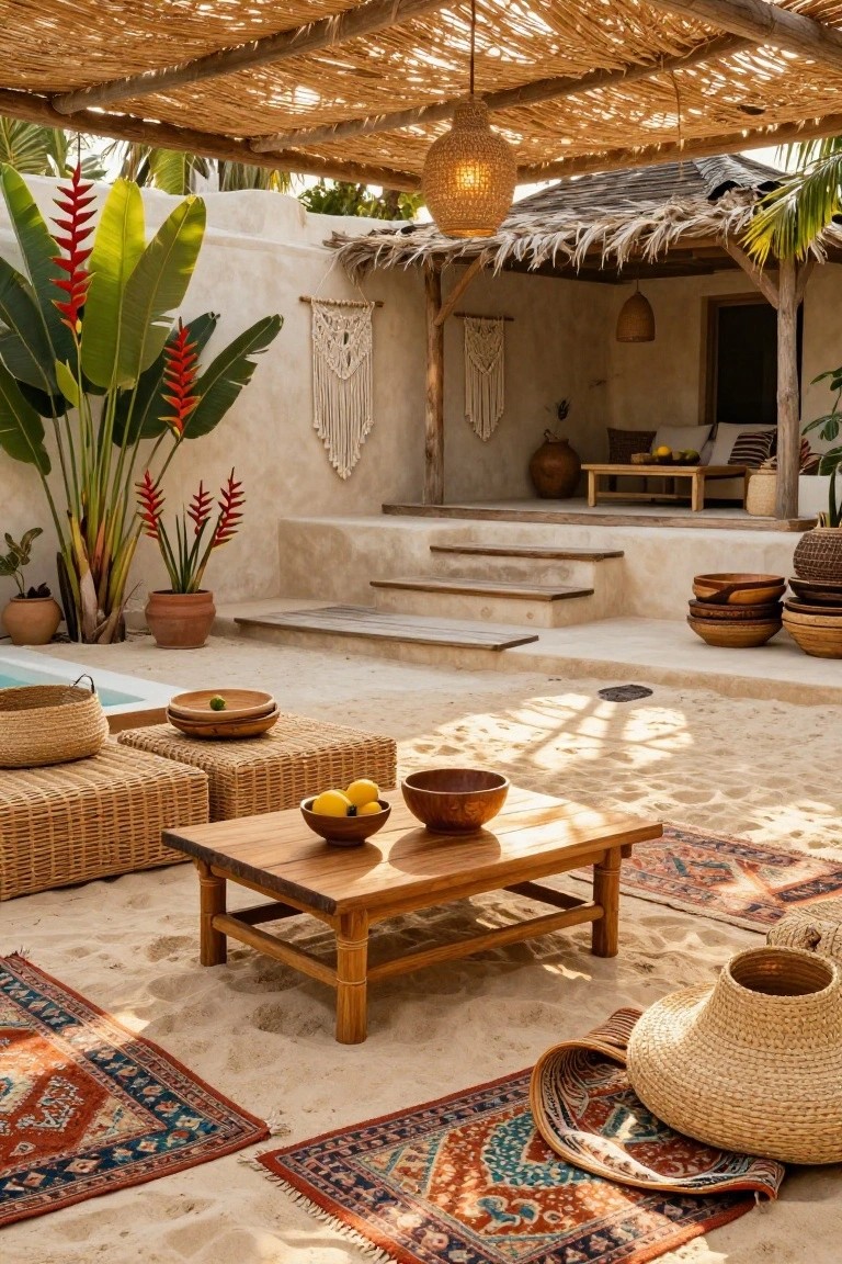 Sandy-floored outdoor pool deck under thatched roof with low woven seating, wooden low table holding lemons and bowls, tropical plants, stairs to building, and woven baskets.