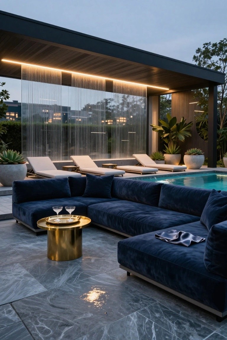 Outdoor pool deck featuring navy blue velvet L-shaped sofa with gold side table holding wine glasses, beige loungers nearby, turquoise pool, vertical waterfall screen, and potted plants under a wooden pergola structure.