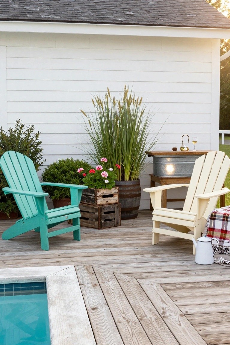 Two Adirondack chairs in teal and off-white on a wooden deck beside an in-ground pool, with potted plants, wooden crates, a whiskey barrel, galvanized tub bar, lantern, wine glass, and teapot nearby against a white clapboard building.