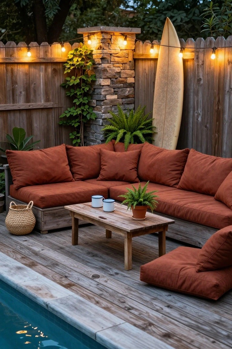 Cozy wooden deck with rust sofa, surfboard, string lights, and pool at dusk.