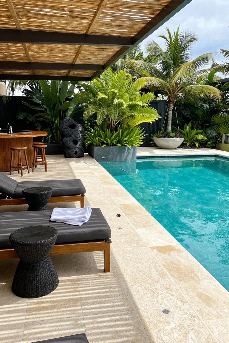Turquoise pool edged in beige stone tiles with black loungers, low black stools, and white towels under thatched pergola roof, wooden bar with stools, tropical plants and sculptures nearby.