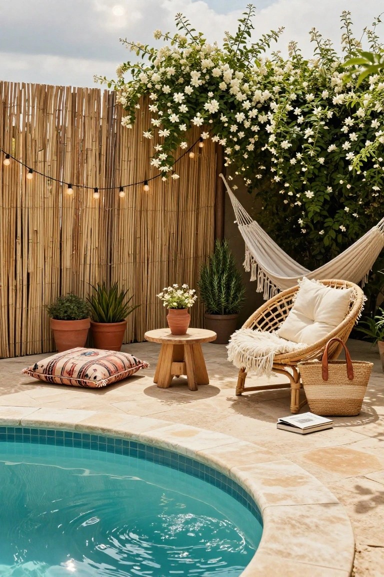 Curved turquoise pool edged in beige stone pavers with bamboo privacy fence overgrown with white flowering vines, string lights along the fence, white hammock, rattan armchair with white cushions and fur throw, potted plants, floor cushions, and woven basket on the deck.