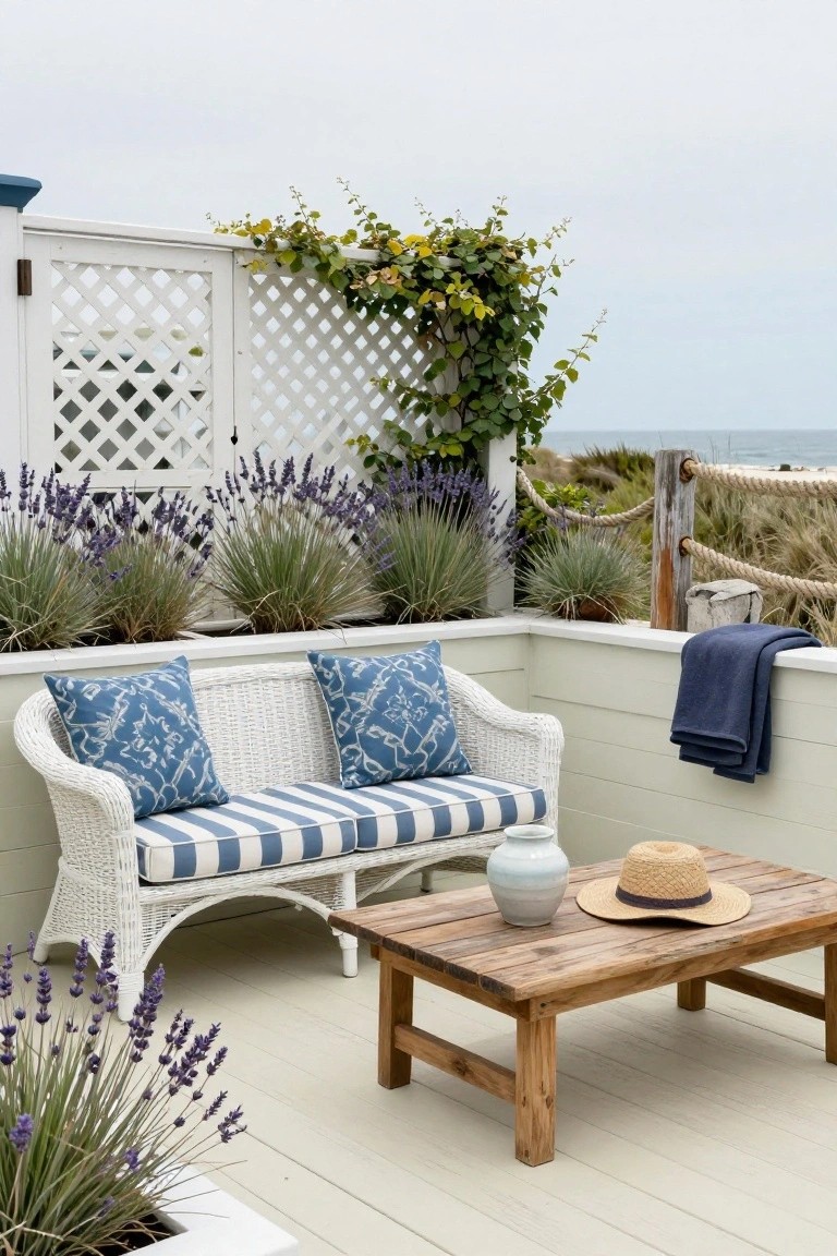 White wicker loveseat with blue patterned pillows and striped cushions on a light deck, next to a wooden coffee table with vase and hat, surrounded by raised planters of lavender and grasses, lattice screen with vines, and ocean view.