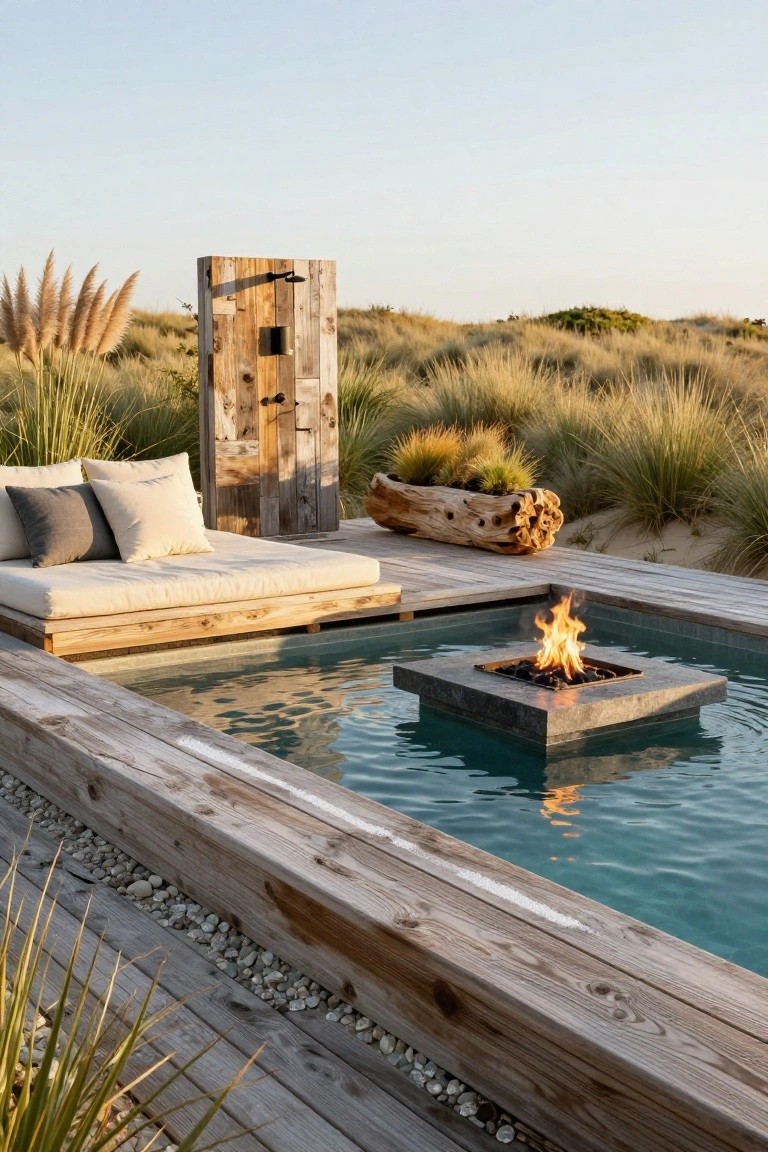 Rectangular turquoise pool with square stone fire pit in center, wooden decking border, cushioned daybed lounge, outdoor shower enclosure, driftwood planter, and dune grasses.