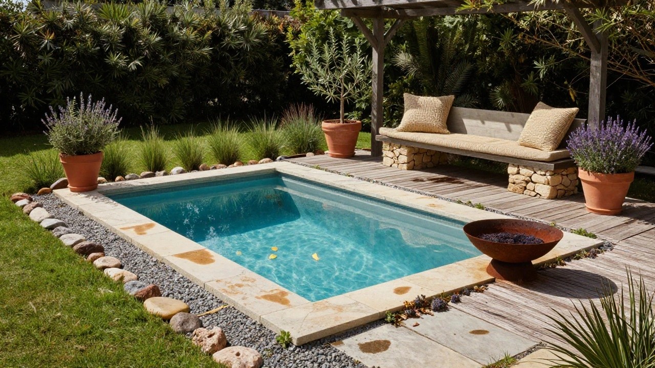 A turquoise rectangular pool with beige stone tiled edges bordered by a wooden deck, featuring a rusted metal fire pit against a stone wall with cushioned benches, surrounded by gravel, plants like lavender and olive trees, and a grassy yard.