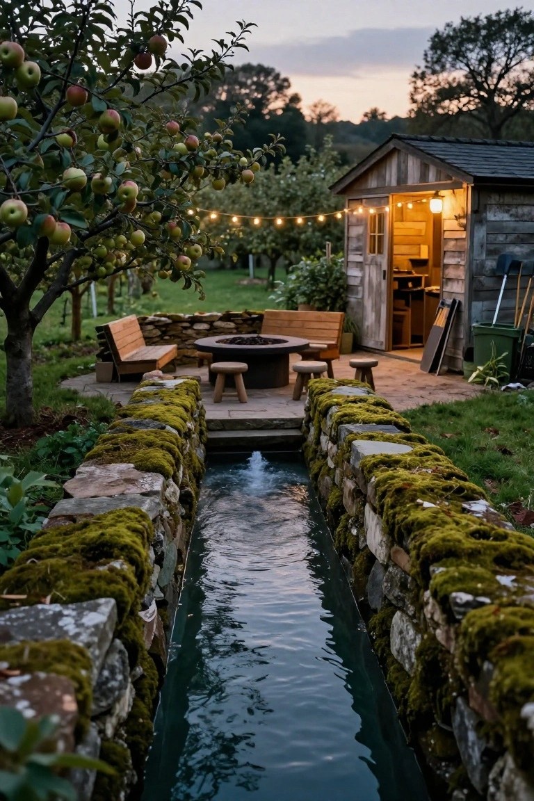 Narrow flowing water channel between moss-covered stone walls in a garden, leading to a fire pit with wooden benches and stools beside a wooden shed, apple trees, and string lights at dusk.