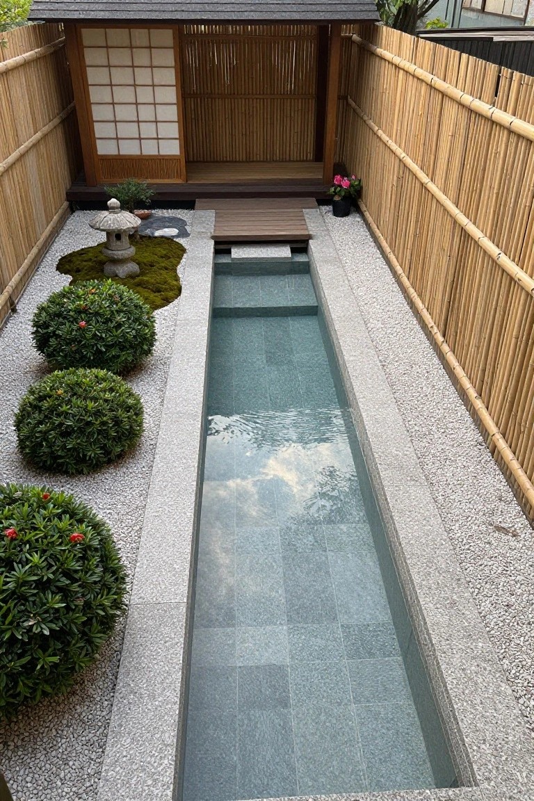 Overhead view of a narrow rectangular pool with gray slate tile lining in a bamboo-fenced Japanese garden, surrounded by white gravel paths, moss-covered rocks, a stone lantern, clipped green shrubs, and a small wooden pavilion structure.