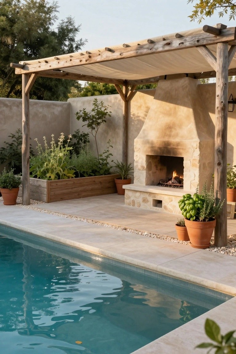 Rustic wooden pergola with canvas shade over a lit stone outdoor fireplace next to a turquoise pool, with potted plants, raised garden beds, and pebble ground cover on a tiled patio.