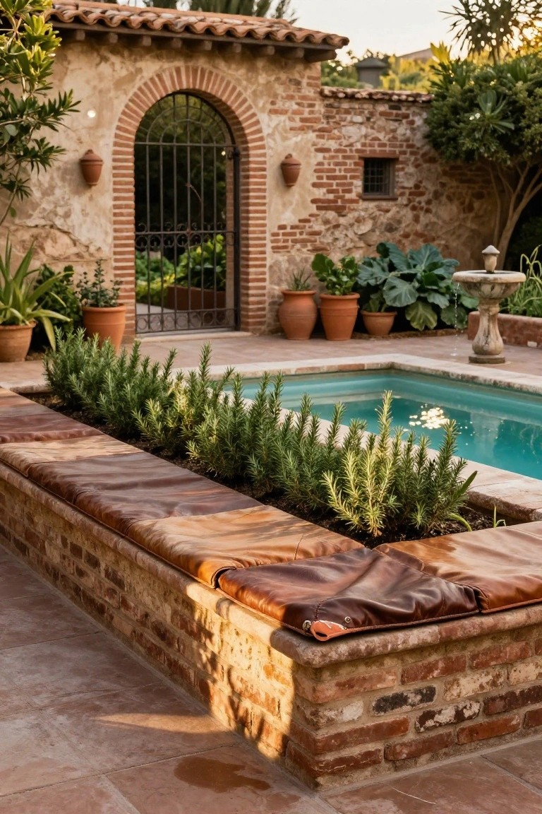 Rustic brick wall along a turquoise plunge pool with built-in rectangular planter of rosemary plants and brown leather cushions on top forming a bench, arched black iron gate in textured stucco wall with potted plants and fountain in background.