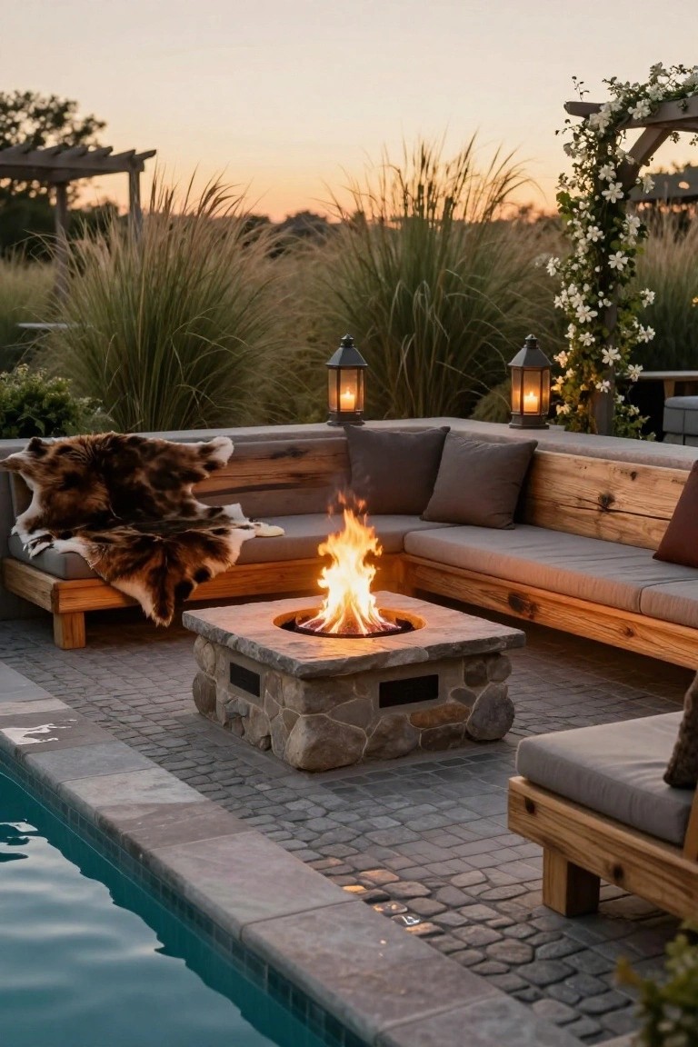 Poolside wooden benches with gray cushions and a fur throw arranged around a square stone fire pit table with flames burning, flanked by lanterns, tall ornamental grasses, flowering vines on a pergola, and a pool edge at sunset.