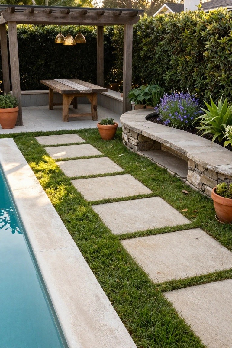Curved low stone wall forming a bench with plants and pots beside a rectangular pool, square pavers set into a grass strip along the pool edge leading to a wooden pergola with table.