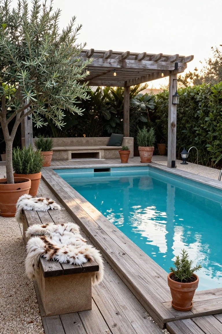 Narrow turquoise plunge pool edged by weathered wooden decking and benches with sheepskin rugs draped over them, potted plants around, wooden pergola overhead, and greenery in the background.