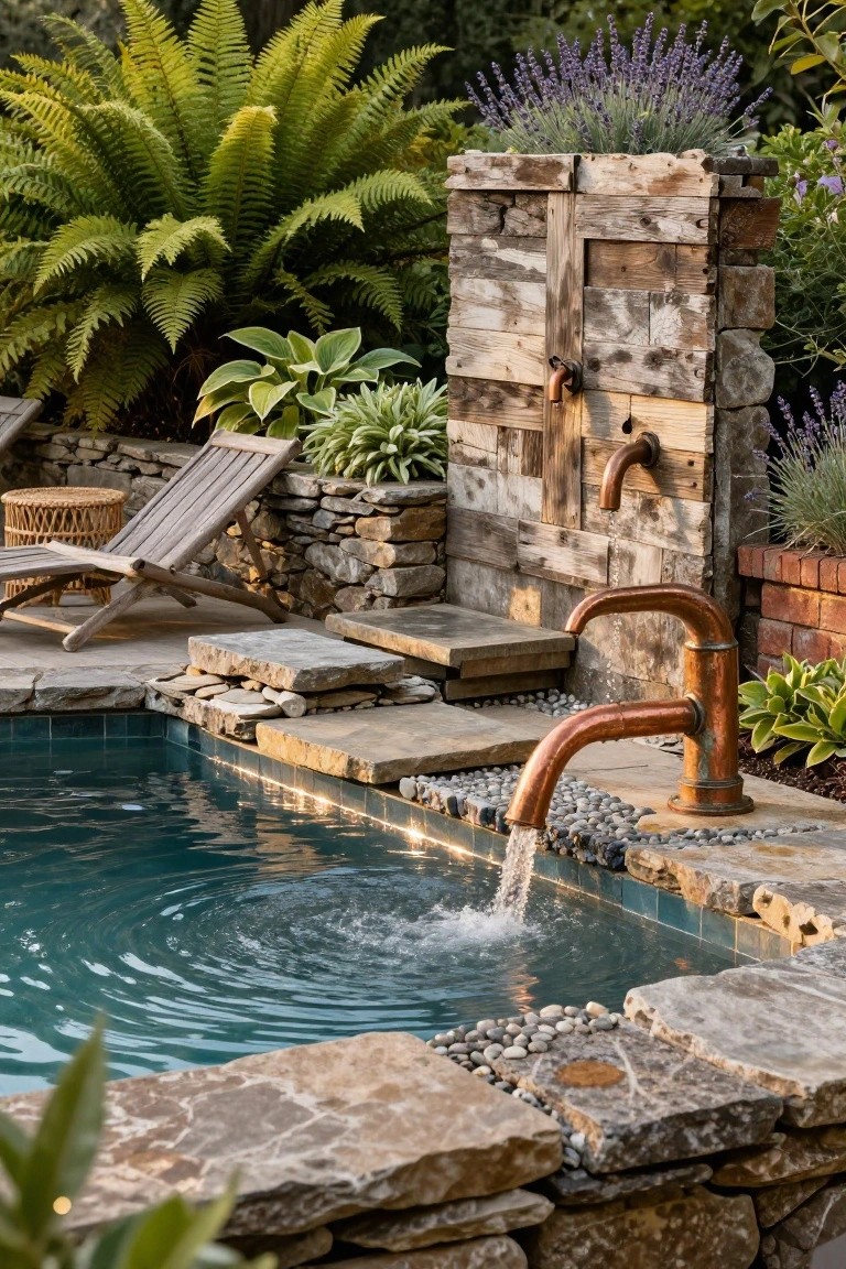 Wooden wall with two copper faucets mounted low, pouring water into a turquoise pool edged in stone and pebbles, surrounded by ferns, lavender, hostas, and a nearby wooden lounge chair.