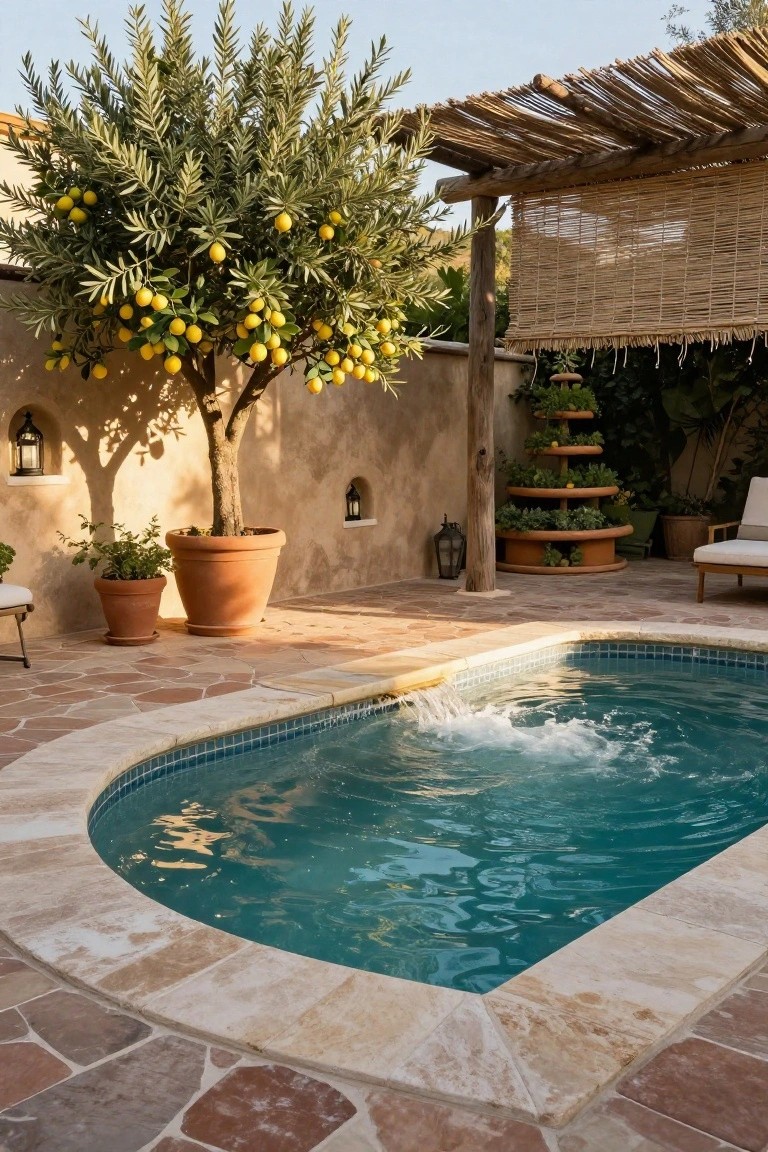 Small oval turquoise pool with travertine coping and fountain in a rustic courtyard featuring large terracotta planters with olive and lemon trees, potted herbs, lounge chairs, bamboo shade structure, and stucco walls.