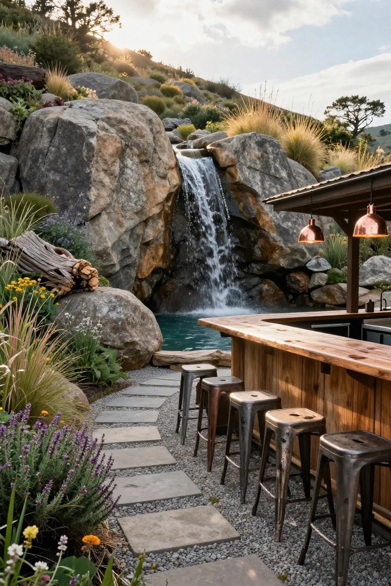Turquoise pool with wooden swim-up bar edged by metal stools, rock waterfall cascading into the water, large boulders, native plants, gravel path, and hillside landscape under a partly cloudy sky.