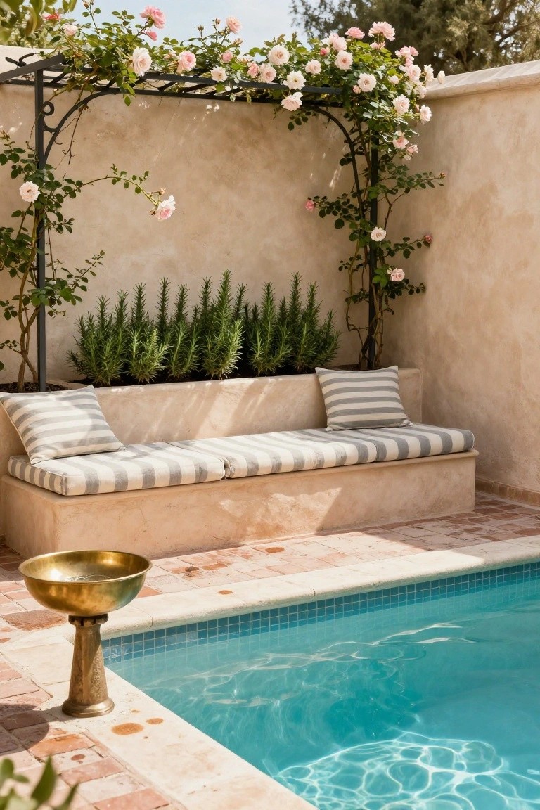 Built-in cushioned bench along a beige stucco wall next to a turquoise tiled pool, with climbing pink roses on a black metal arch, rosemary plants in a planter, and a brass pedestal basin on terracotta pavers.
