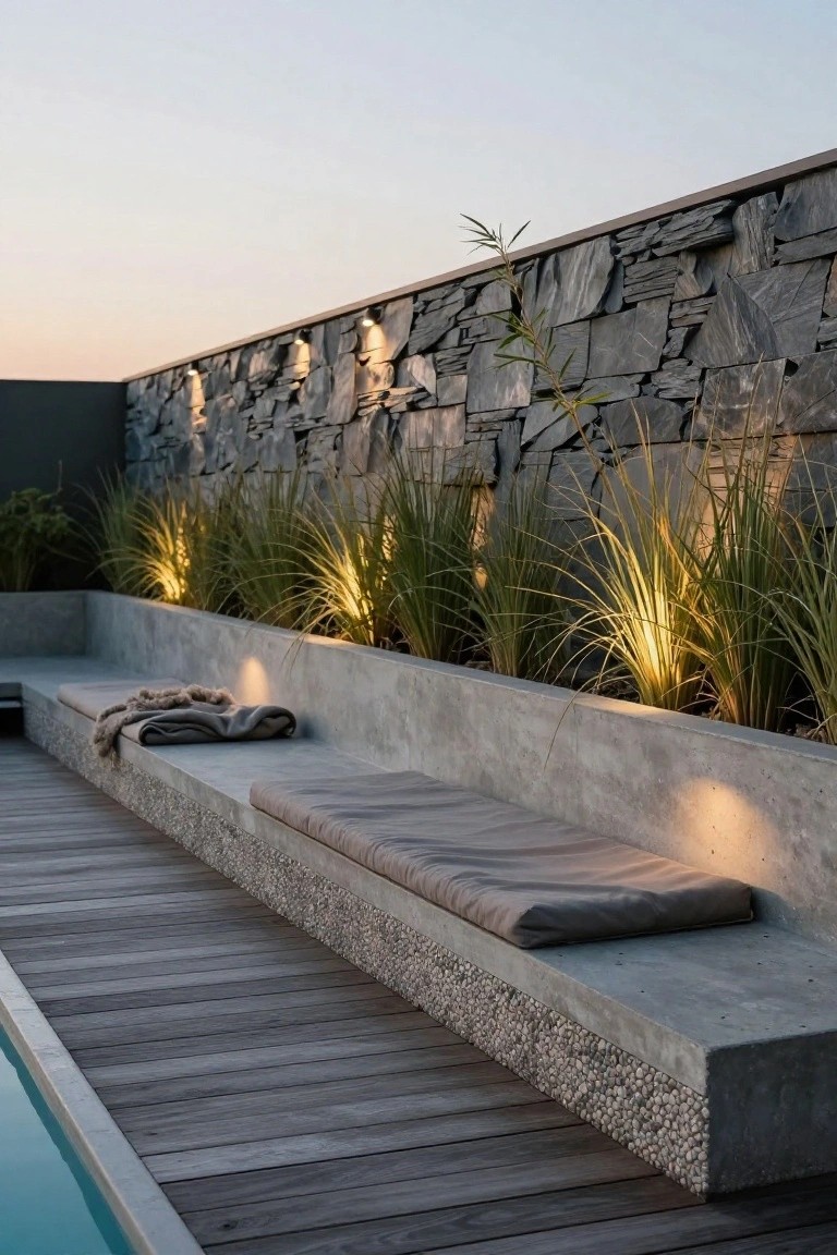 Wooden deck beside a pool with a concrete bench topped by beige cushions, integrated into gray planters holding tall grasses against a dark stone wall, uplights glowing on the plants at dusk.