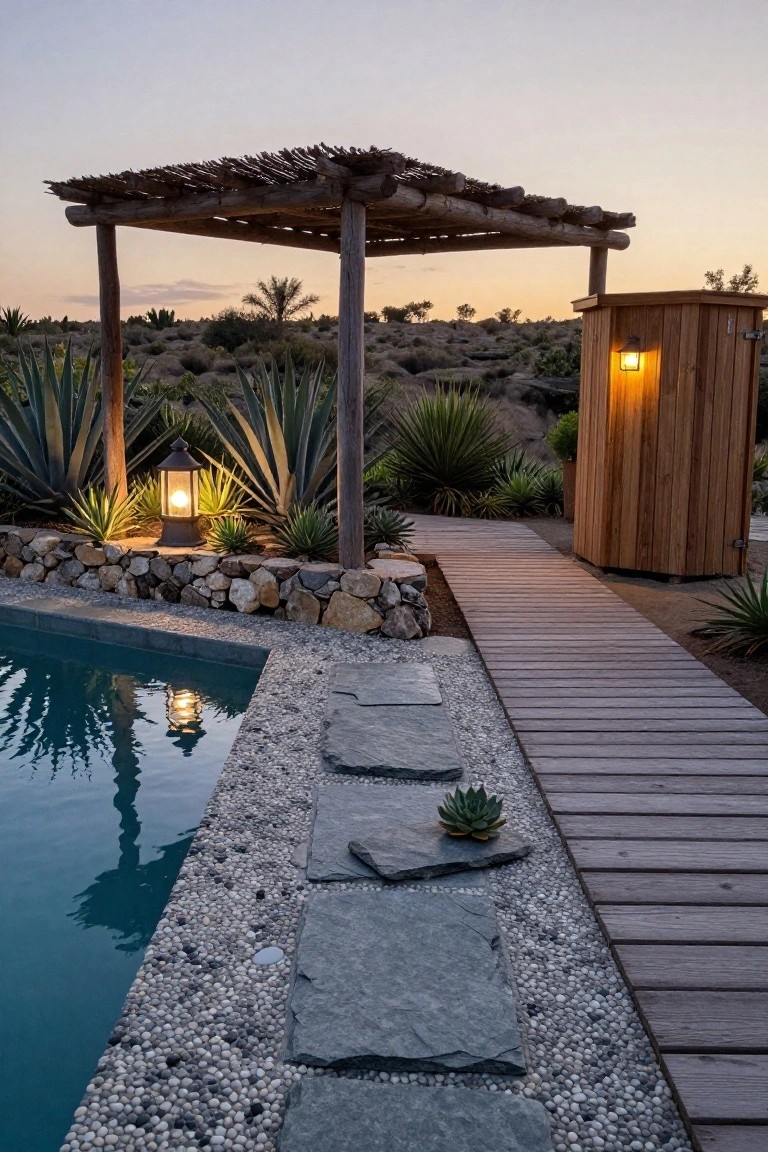 Wooden boardwalk path alongside a turquoise pool edged with pebbles and slate steps, leading to a wooden shower enclosure, with agave plants, stone walls, and a thatched pergola holding a lantern at dusk.
