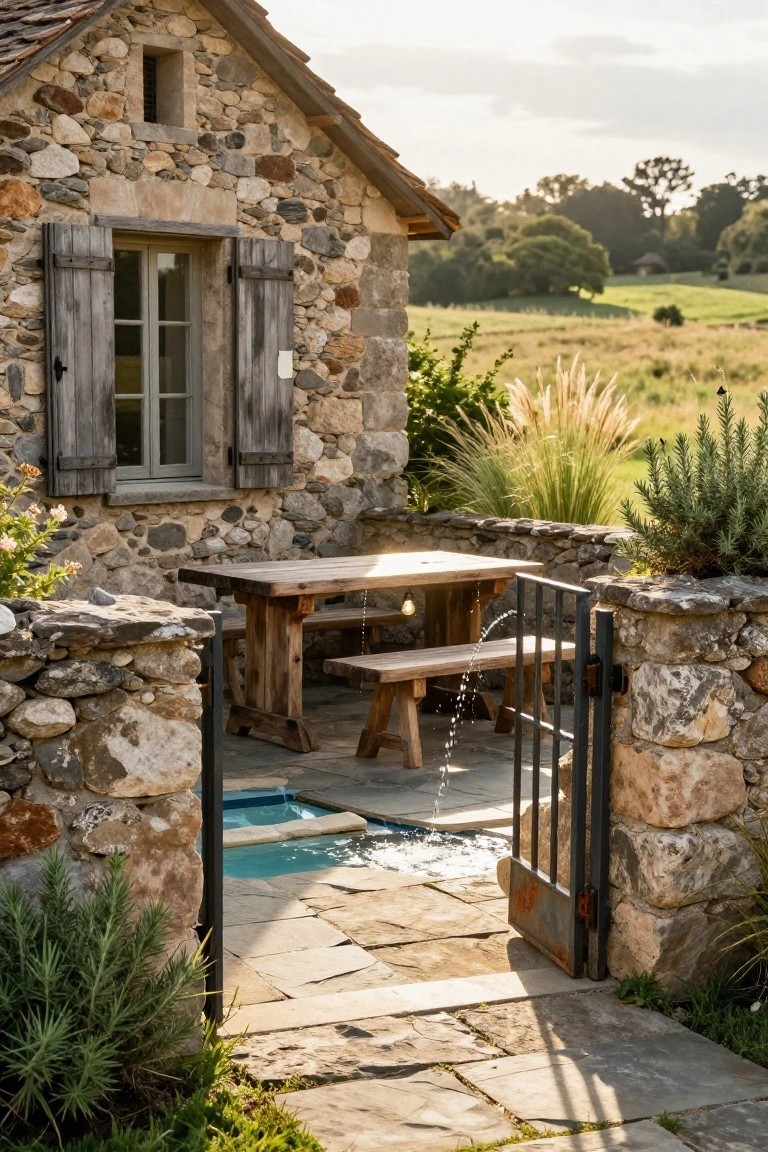 Stone cottage wall with open shutters beside a wooden dining table and benches on slate tiles next to a small rectangular pool overflowing water, enclosed by stone walls and black metal gate, with grasses and fields in background.