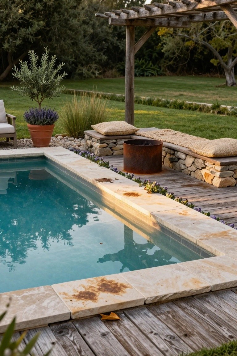 A turquoise rectangular pool with beige stone tiled edges bordered by a wooden deck, featuring a rusted metal fire pit against a stone wall with cushioned benches, surrounded by gravel, plants like lavender and olive trees, and a grassy yard.