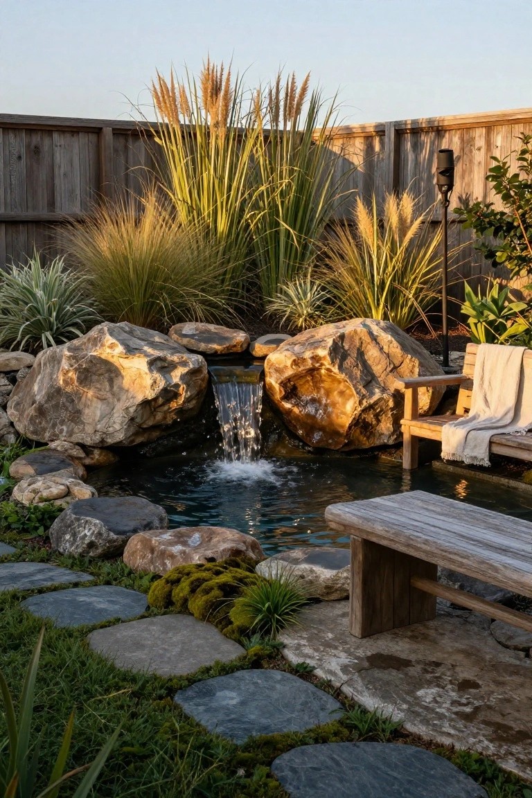 Small backyard pond with waterfall cascading over large boulders into dark water, surrounded by tall ornamental grasses, moss-covered rocks, stepping stone path, and wooden benches against a wooden fence.